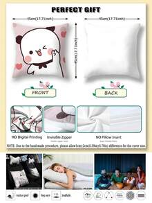 2pcs Cute Bubu & Dudu Panda Velvet Cushion Cover - Adorable Cartoon Couple Design, Text, Multiple Sizes, Valentine's Day Gift, Comfortable Square Pillow Case, Suitable For Home Decor, Machine Washable, Zipper Closure - Multicolor - View 5