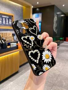 1 pieza Funda de teléfono con forma de corazón de crisantemo, impresión UV, compatible con modelos /Galaxy/Android - Negro - Ver 6