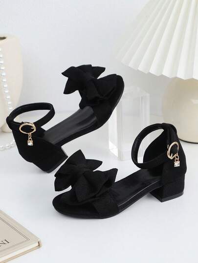 1 Pair Black Soft Velvet Leather Stitched Women's High Heel Sandals With Fabric Bow Decor, Classic Round Toe Chunky Heel Design, Fashionable Cute Wedge Sandals Suitable For Daily, Festival, Party, Vacation Wear, Spring/Summer New Arrival