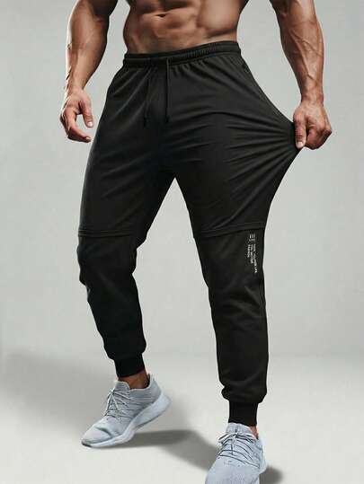 Casual Sports Pants, Men's Sweatpants, Outdoor Fitness Running Jogger Pants With Pockets And Zipper, Elastic Waistband, Graphic Print, Suitable For Spring/Summer Daily Wear