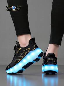 YAOSF Giày trượt patin LED phát sáng, giày bánh xe tiên tiến phù hợp cho trẻ em và thanh thiếu niên, phiên bản nâng cấp với bánh xe có thể thu gọn, đèn chiếu sáng thời trang, giày thể thao ngoài trời, giày phát sáng nhiều màu sắc dành cho cả nam và nữ. - màu đen - Xem 5