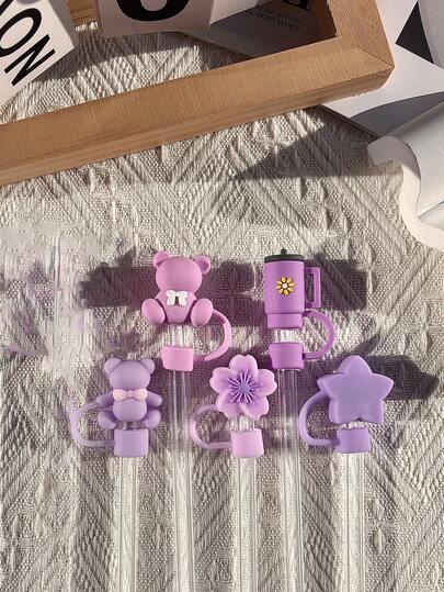 Compatible With Stanley Cup Accessories 5Pcs Purple Cue Straw Cover Cap For Cup 40 30oz Tumbler, 10mm Reusable Cute Drinking Straw Topper Accessories, Portable Protector Plugs Decorations Gifts For Party Cute Cartoon Flower Straw Dust Cover,
