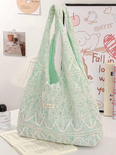 1pc Pink Floral Lace Shoulder Bag, Floral Aesthetic, Fashionable Casual Large Capacity Tote Bag, Fits Tablet, Sanitary Napkins, Pad, Wired Earphones, Earbuds, Charger, Lipstick, Cosmetics, Laptop, Home Decor, Suitable For Mothers, Students, Female Office Workers, Commuting, Keys, Holiday Gifts