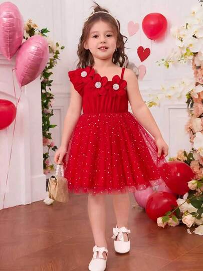 Vestido sin mangas de punto sólido con flores 3D de cuentas y forro de malla para niña, informal, al aire libre, deportivo, lindo, vacaciones, verano