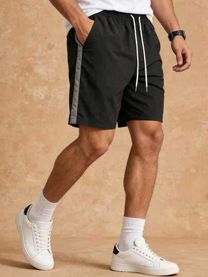 Pantalones cortos deportivos casuales unisex de verano con cintura elástica, cordón y diseño de patchwork de color contrastante