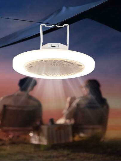 1 pieza Ventilador de camping recargable por USB con luz LED, batería de litio incorporada de 1800mAh, gancho colgante, adecuado para tienda de campaña, viajes al aire libre y dormitorio, color blanco