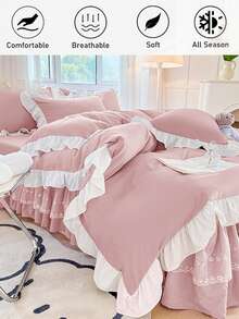 3件套粉色荷叶边简约柔软透气被套组（1个被套+2个枕套，不含被芯），适用于卧室和客房，可机洗，四季皆宜 - 淺粉色 - 查看 4