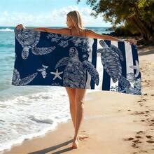 Navy Striped Sea Turtle Pattern Beach Towel | Vintage Cruise Essential, Soft Absorbent Sand-Proof Beach Blanket, Loose Swimwear Cover-Up, Unique Bridesmaid Party Favor, Retro Women Beach Accessory, Beach Party & Relaxation Necessity - Blue and White - View 10
