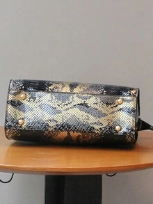 2026春夏新款亮面漆皮高端女士手提包，奢华优雅OL成熟魅力女士托特包，时尚黑金蛇纹大号包，百搭优雅单肩斜挎包，高品质礼品 - 彩色 - 查看 6