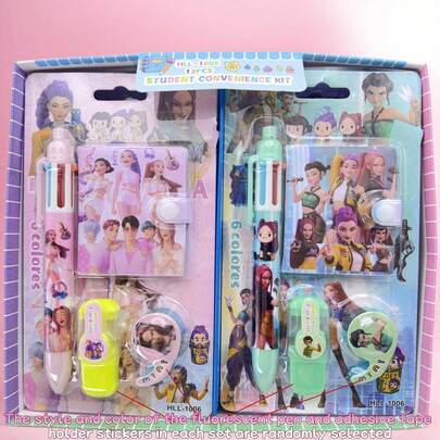 K-POP女团主题文具礼盒套装 - 中性色调的钢笔、笔记本、橡皮和尺子，饰以充满活力的艺术设计，粉丝收藏佳品，高品质学习办公用品，可用于记笔记、写日记和DIY，时尚文具配件，是K-POP女团粉丝、学生和文具爱好者的理想礼物。