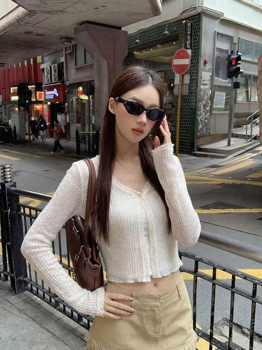 Women's Lightweight Spring/Summer Open Front Blouse, Sweet Casual Semi-Transparent Knit Top, Long Sleeve Outerwear, Suitable For Wearing Alone Or Layered Over A Mini Dress - Apricot - View 1