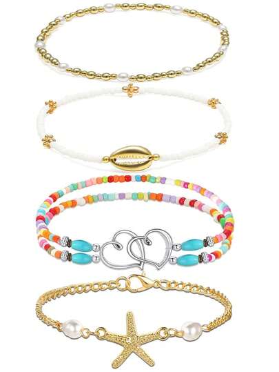 4Pcs Boho Beach Style Multi-Design Shell Starfish & Heart Beaded Anklet Set For Women Summer Vacation & Party