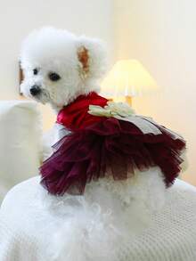 PETCIRCLE 1pc Pet Dress, Dog Spring/Summer New Arrival Tulle Skirt, Breathable Comfortable Small Dog Wedding Dress - Red - View 3