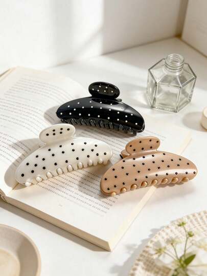 3pcs Women Minimalist Polka Dot Semi-Circle Hair Clips Set, Elegant Casual Cute Girl Round Dot Hair Clips For Daily Commute, Versatile Hair Styling Accessories, Won't Damage Hair Summer Hair Accessories Beach Claw Clips Vacay Hair Claws