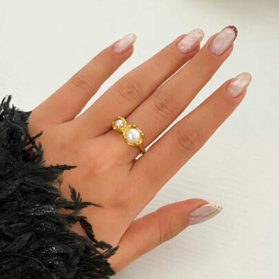 S SHOPBOHO 1件18K镀金复古仿珍珠戒指，花苞造型仿珍珠戒指设计，可调节，个性饰品