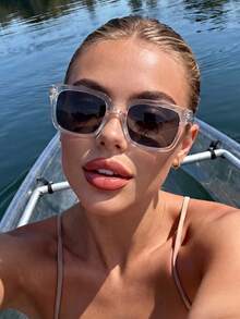 1 Pair Unisex Square Sunglasses, Suitable For Outdoor Activities, Travel, Summer Accessories, Sports Style, Driving, Holiday Outfits, Beach, Music Festivals, Casual Outings, Vacation, Family Trips, Elegant Attire, Street Style Accessories, Sports, Parties, Street Fashion, Fishing, Holidays, Vacation - Black and White - View 5