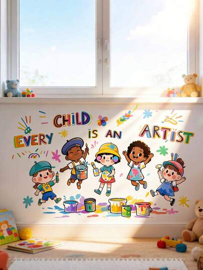 涂鸦派对水彩蜡笔自粘卡通动漫墙贴，适用于儿童房、婴儿房装饰纸艺