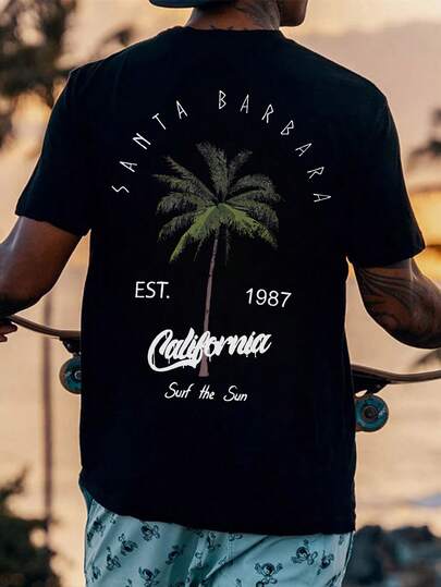 2025夏季新款男士休闲椰树字母印花短袖圆领T恤，假日款