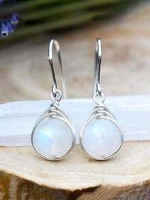 1 Pair Fashion Moonstone Water Drop Earrings, Suitable For Women, Can Be Used For Weddings, Engagements, Anniversaries, Parties, Valentine's Day, Also Can Be Given As Gifts To Mothers, Mother's Day, Etc. - 銀色 - 查看 2