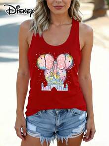 Disney Official Authorization | Women's Casual Crew Neck Sleeveless Tank Top. Inspired By Watercolor Art, It Cleverly Combines The Disney Castle With Minnie's Iconic Ears To Create A Dreamy Visual Effect. The Gradient Rainbow Colors Present Soft Watercolor Brushstrokes, Paired With A Pink Polka-Dot Bow, As If Capturing The Magic Of The Park In An Instant. The Loose Fit Flatters All Body Types, Making It Versatile And Practical For Daily Outings, And It Is Also An Ideal Choice For Matching Outfits With Girlfriends. - 紅色 - 查看 1