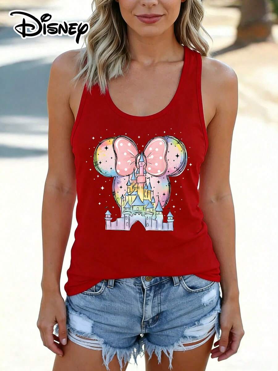 Disney Official Authorization | Women's Casual Crew Neck Sleeveless Tank Top. Inspired By Watercolor Art, It Cleverly Combines The Disney Castle With Minnie's Iconic Ears To Create A Dreamy Visual Effect. The Gradient Rainbow Colors Present Soft Watercolor Brushstrokes, Paired With A Pink Polka-Dot Bow, As If Capturing The Magic Of The Park In An Instant. The Loose Fit Flatters All Body Types, Making It Versatile And Practical For Daily Outings, And It Is Also An Ideal Choice For Matching Outfits With Girlfriends. - 紅色 - 查看 1