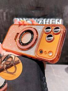 奢华亮片相机水钻指环支架手机壳，兼容 17 Pro Max Air 16 15 14 13 12 11 Pro Max X XS Max 6S 7 8 Plus SE2 3，橙色、银色、粉色渐变亮片电镀手机壳，适合女孩和女士 - 橘色 - 查看 2