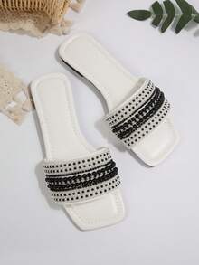 Nuevas sandalias tipo mula de lujo con puntera cuadrada antideslizante y decoración de cristales y perlas, de talla grande, elegantes y versátiles para usar en la playa y en resorts - Blanco - Ver 11