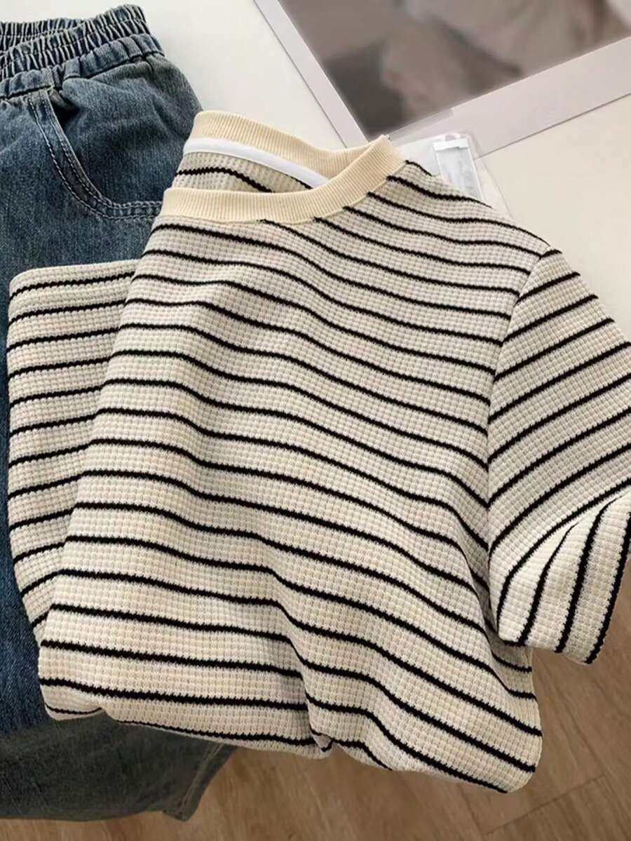 Waffle Stripe, New Year, Valentine's Day, Women's Winter Clothes, Summer, Summer Tops, Women's Casual Round Neck Short Sleeve T-Shirt - Light Apricot - View 1