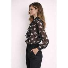 Lips Print Tie Neck Sheer Blouse - Black - Multicolor - View 3