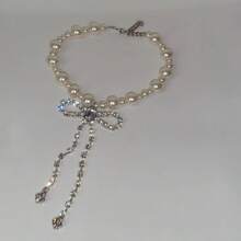 1 chiếc vòng cổ ngọc trai giả, vòng cổ choker đính đá lấp lánh, tua rua và nơ, dây chuyền thanh lịch đeo quanh xương quai xanh. - trắng - Xem 6