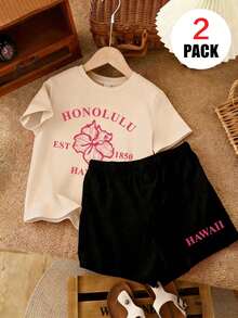 2pcs Girls Casual Set, Loose Round Neck Top + Loose Sports Shorts, Printed With "HONOLULU HAWAII" Slogan And Hibiscus Flower Pattern, "Est.1850" Retro Element, Casual Comfortable Fit, Suitable For Beach Vacation, Daily Casual Wear, Summer - Multicolor - View 3
