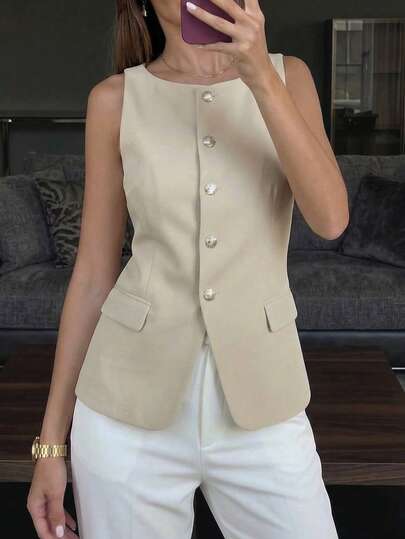 Elegant Apricot Sleeveless Top With Metal Twist Buckle Decor, Suitable For Daily Commute And Date Occasions, Spring/Summer