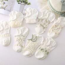 3双水晶丝绸春夏薄款船袜，棉质，款式随机，可爱日式玻璃蝴蝶结图案短袜。 - 彩色 - 查看 3