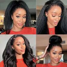 Kinky Straight Half Wig Human Hair 3 In 1 Half Wigs Wear & Go Wigs Drawstring Headband Wig With Natural Hairline 200% Density For Women Headband Wig With Natural Hairline 200% Density For Women Natural Color 16 18 20 Inch - Natural Black - 查看 9