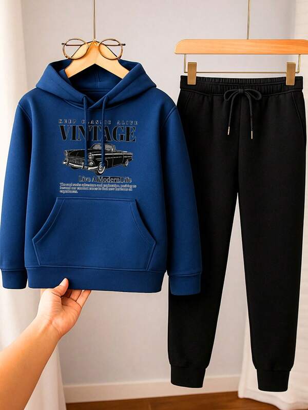 Conjunto Moletom Infantil Flanelado Carro Vintage Blusa de Frio Canguru + Calça Blusao Com Capuz e Varias Cores 2 até 16