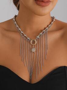 Retro Geometric Round Pearl CCB Beaded Sunflower Fringed Necklace - Fashionable Accessory - Multicolor - View 2