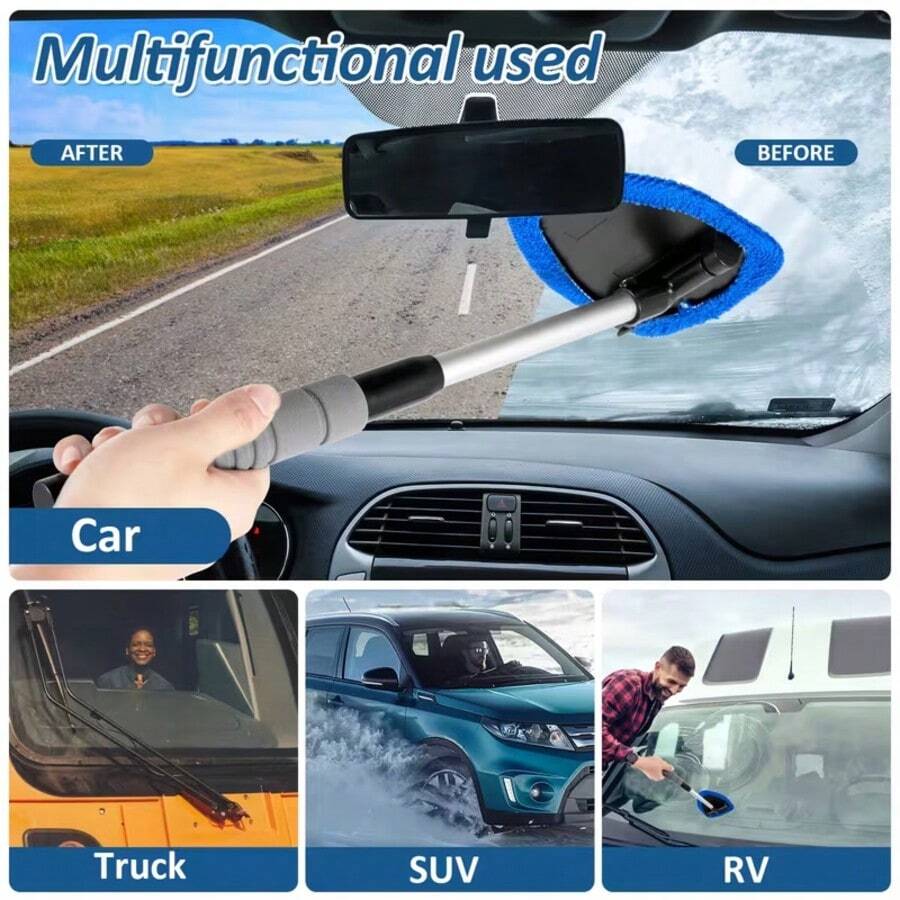 4pcs Car Window Cleaning Brush Set | 1pc Cleaning Brush + 3pcs Replacement Cloths, Retractable Super Soft Fiber Squeegee, Defogging, Universal, Auto Accessories, Car Cleaning Supplies - Cleaning Brush - View 1