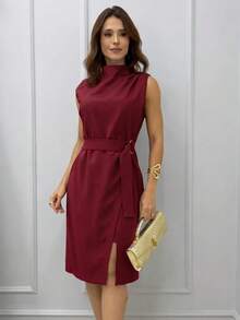 Elegant Midi Dress With Belt - Sensational Summer 2025 Look, Sophisticated And Fresh - Gỗ đỏ - Xem 2