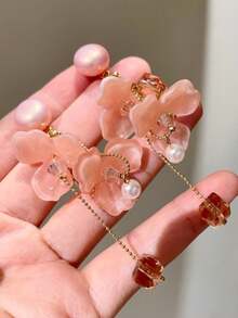 1 Pair Pink Acrylic Petal Chain Crystal Pearl Earrings, European And American Style Personalized Fashion Long Tassel Earrings For Women And Girls, Travel, Wedding, Party, Birthday, Christmas Gift 2026 - Pink - View 3