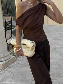 Elegante blusa asimétrica con volantes, cuello asimétrico, delgada, sexy, casual, de negocios, para ir a la oficina, de uso diario, para el verano - Marrón - Ver 4