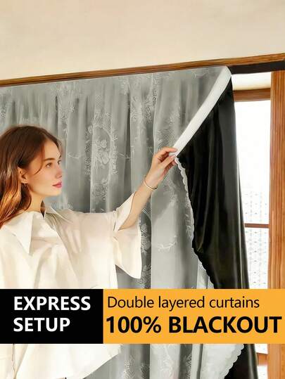 1 stuk dubbellaags verduisteringsgordijn, 100% verduisterend, romantische kanten bovenlaag en lichtgewicht zelfklevende onderlaag, privacybescherming en zonwering, draagbaar zelfklevend gordijn geschikt voor deur, slaapkamer, woonkamer, kantoor, kelder, keuken, verduistert de kamer