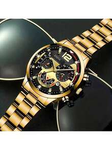 4pcs Fashion Business Leisure Men's Watch, Large Dial Round Gold Steel Strip Quartz Watch, Cross Pendant Necklace Jewelry Set, Suitable For Daily Wear - Gold - View 2