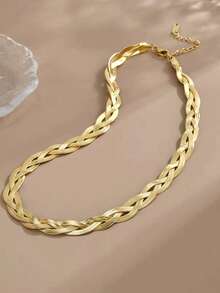 RAYQUEEN 1pc Handmade Stainless Steel 3-Color Chain Design Necklace & Bracelet Set, Suitable For Daily Wear And Gift - Yellow Gold - View 4