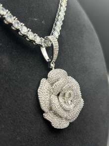 Unisex Hip Hop Rose Flower Pendant Necklace, Brass Cubic Zirconia Micro Pave Cute Petite Floral Necklace - Flowers - View 3