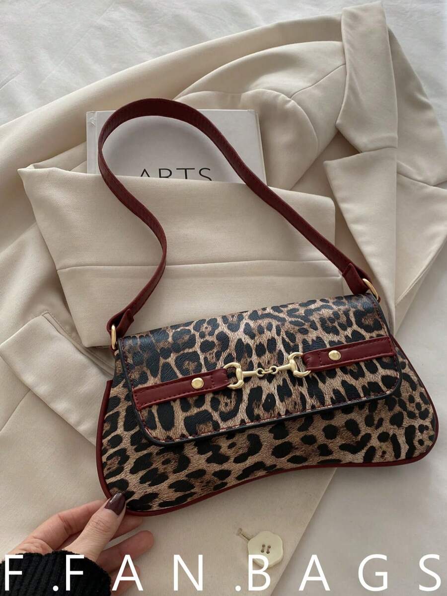 This New Shoulder Bag Features A Simple And Fashionable Design, Decorated With A Leopard Print Pattern And A Striking Color Contrast. It Has A Foldable Design, Allowing It To Be Used As Both A Clutch And A Shoulder Bag. It Is Perfect For Daily Outings, Shopping, Office, Parties, Vacations, And Short Trips. The Color Is Burgundy, Making It Very Versatile. - Red - View 1