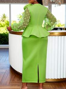 AOMEI Plus Size Women's Elegant Noble Dignified Teal Green Sheer Lantern Sleeve 3D Floral Church Maxi Dress, Suitable For Cocktail Parties, Formal Occasions, Wedding Anniversaries, Wedding Guests, Party Dresses - Green - View 4
