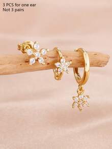 3PCS Fashion Cubic Zirconia Flower Hoop Earrings Set For Women 18K Gold Plated Cartilage Piercing Ear Stud Girls Party Jewelry Gift - 3PCS - Gold - View 5