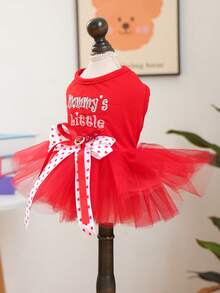 宠物连衣裙一件装，可爱浪漫的薄纱裙套装，适合小型犬猫，心形蝴蝶结设计，妈妈的小情人 - 紅色 - 查看 6