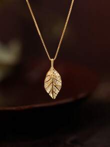 1件不锈钢链条树叶吊坠项链，时尚奢华优雅设计，百搭春夏珠宝礼品 - 樹葉 - 查看 6