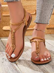 新款时尚女士绑带凉鞋，罗马风休闲一脚蹬凉鞋，黑色、米色、棕色可选，舒适平底沙滩凉鞋，博主推荐厚底凉鞋，夏季沙滩鞋，优雅搭扣低跟圆头凉鞋，防臭防滑简约户外拖鞋，百搭平底一脚蹬女士凉鞋 - 棕色 - 查看 6